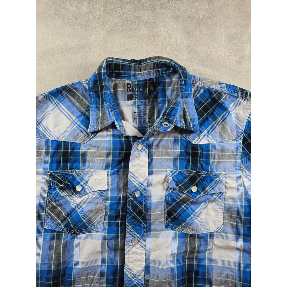Reclaim Shirt Mens Medium Plaid Western Snap Blue Short Sleeve Pockets